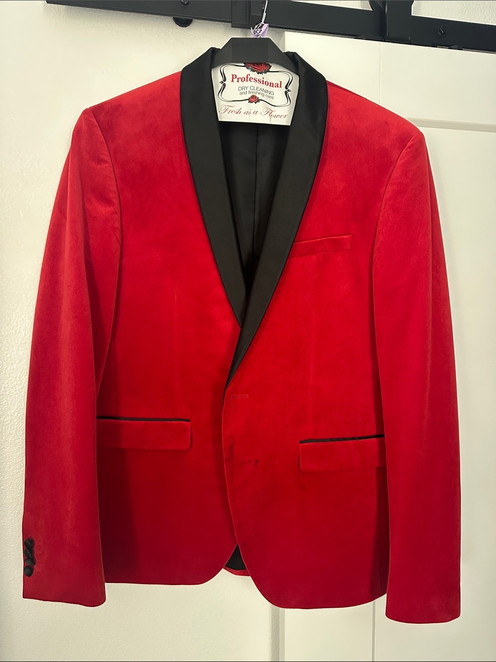 Zara Red Velvet Blazer with Black Shawl Lapel